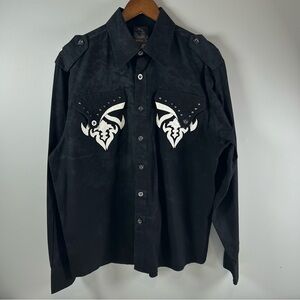 Raw Blue Black Long Sleeve Western Y2K Shirt w Embroidery & Stud Accents Men's L